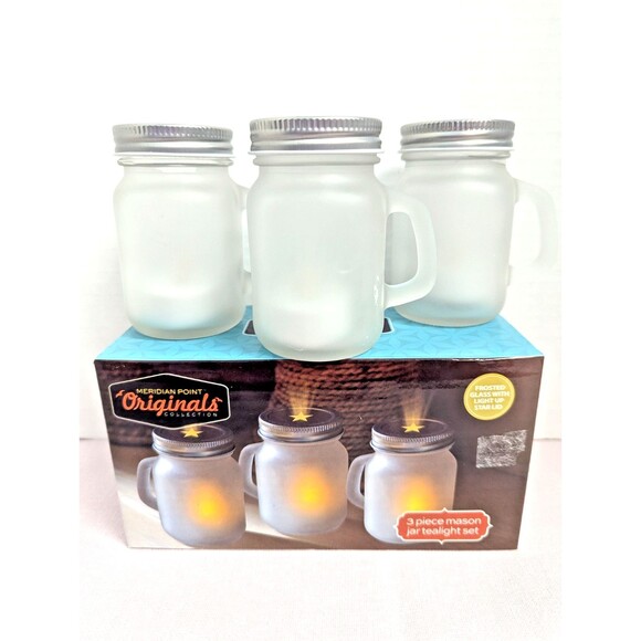 Meridian Mason Jar Tea Light Jars Set 3-Piece White Frosted Glass Star Lid NEW - Picture 1 of 4